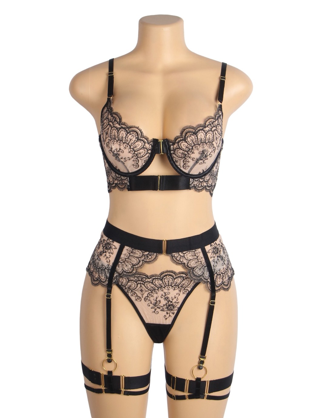Black Sexy Mesh Embroidery Lace Garter Bra Set