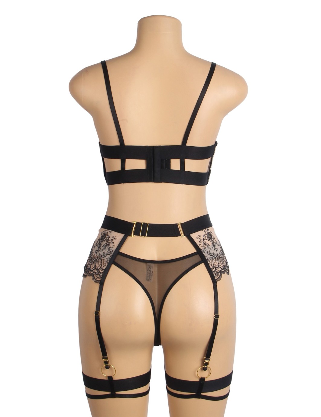 Black Sexy Mesh Embroidery Lace Garter Bra Set