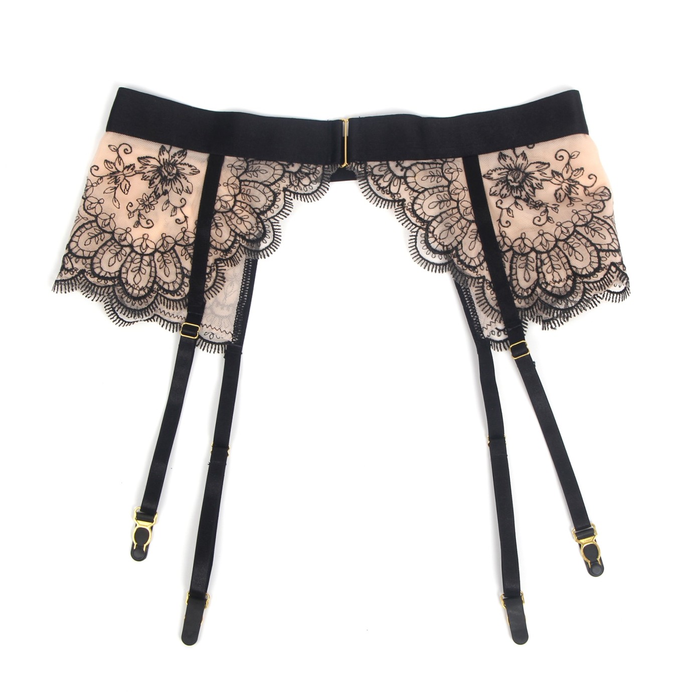 Black Sexy Mesh Embroidery Lace Garter Bra Set