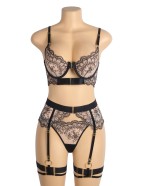 Black Sexy Mesh Embroidery Lace Garter Bra Set