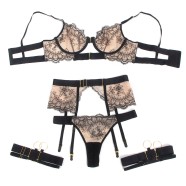 Black Sexy Mesh Embroidery Lace Garter Bra Set