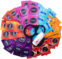 Set prezervativa s okusom – Tasty pack (72 ks) + SE malina gel za podmazivanje 15 ml + silikonske lisice Handcuffs